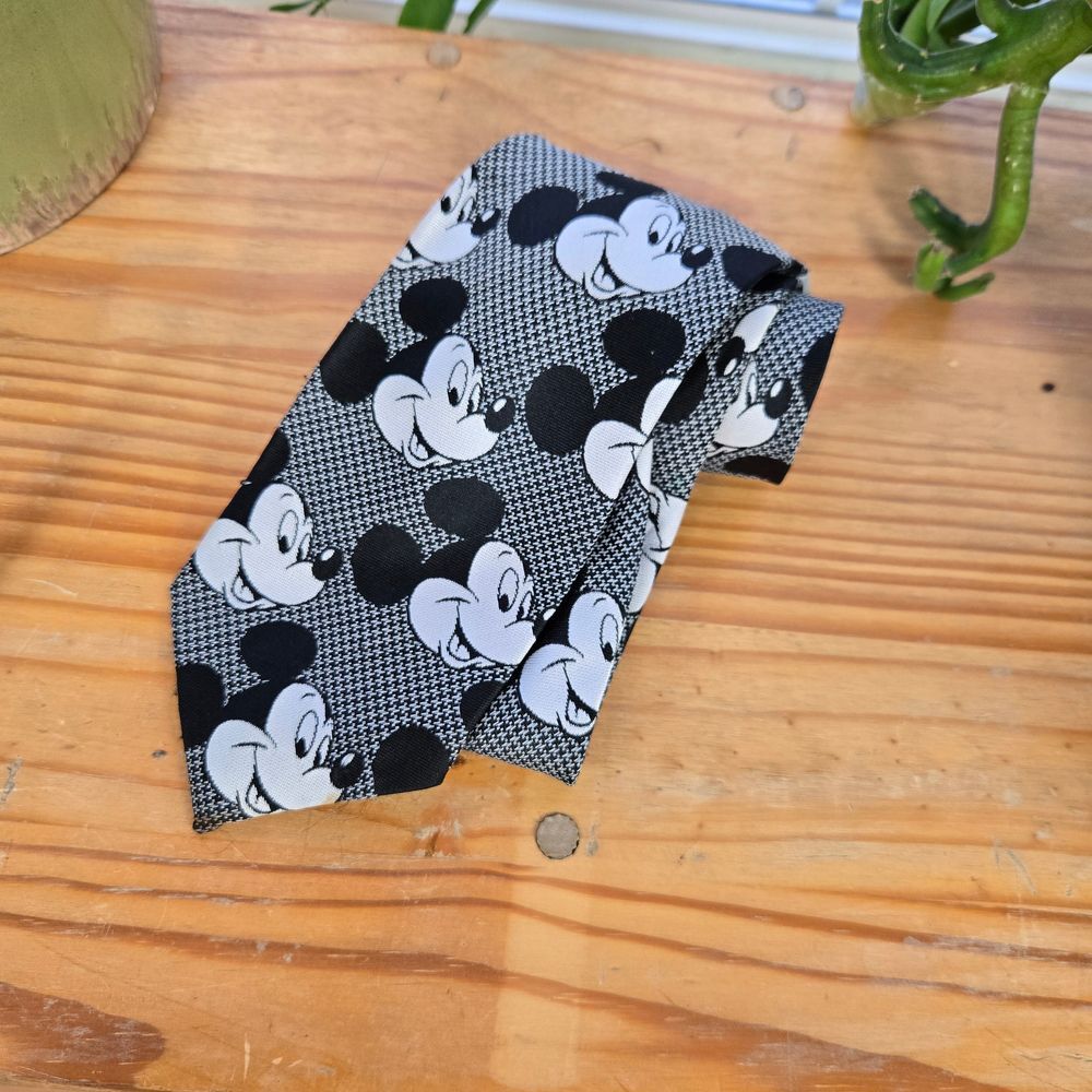 90s Disney Mickey Mouse Tie VTG Houndstooth Neck Cervantes Black Wht Made In USA